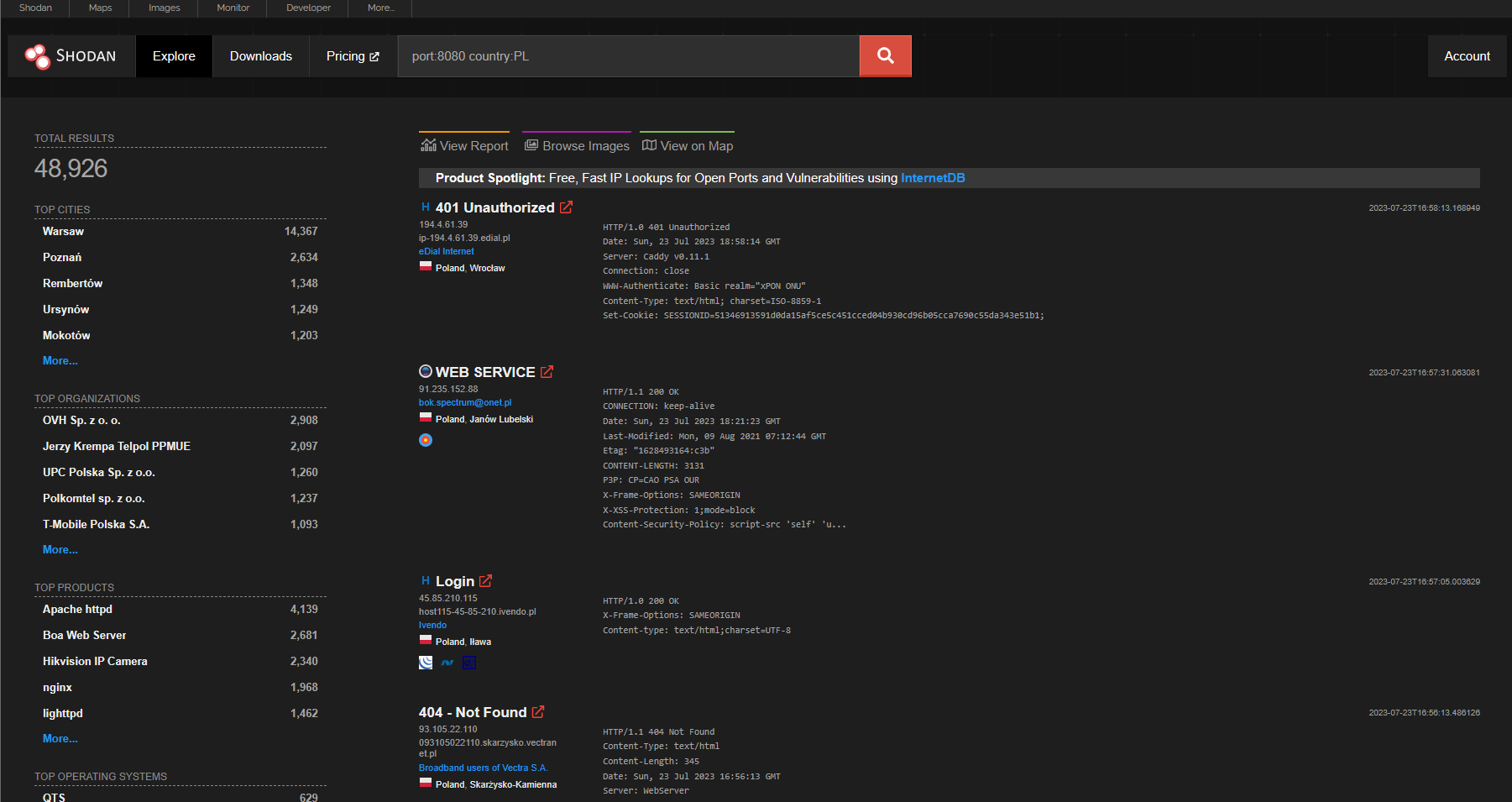 Zrzut ekranu Shodan
